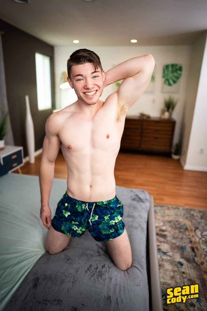 Sean Cody young hottie Conor strips out of his swimshorts stroking his huge  dick spraying jizz all over his six pack abs â€“ MEBGAY